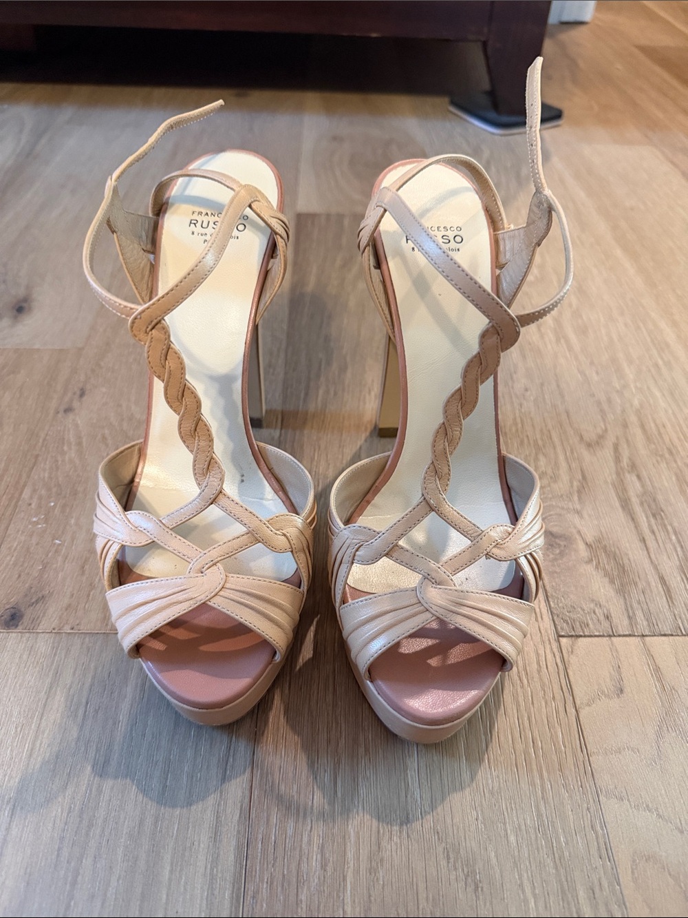 Francesco Russo Nude Pink Braided T-Strap Platform Heels